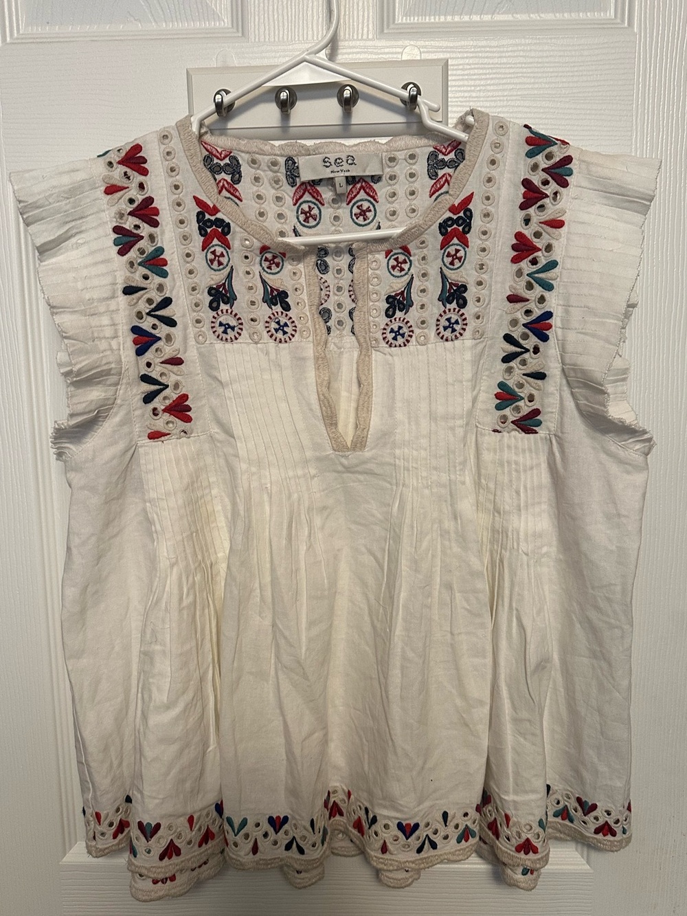 Sea Cream Embroidered Sleeveless Peasant Top with Red, Blue & Teal Accents